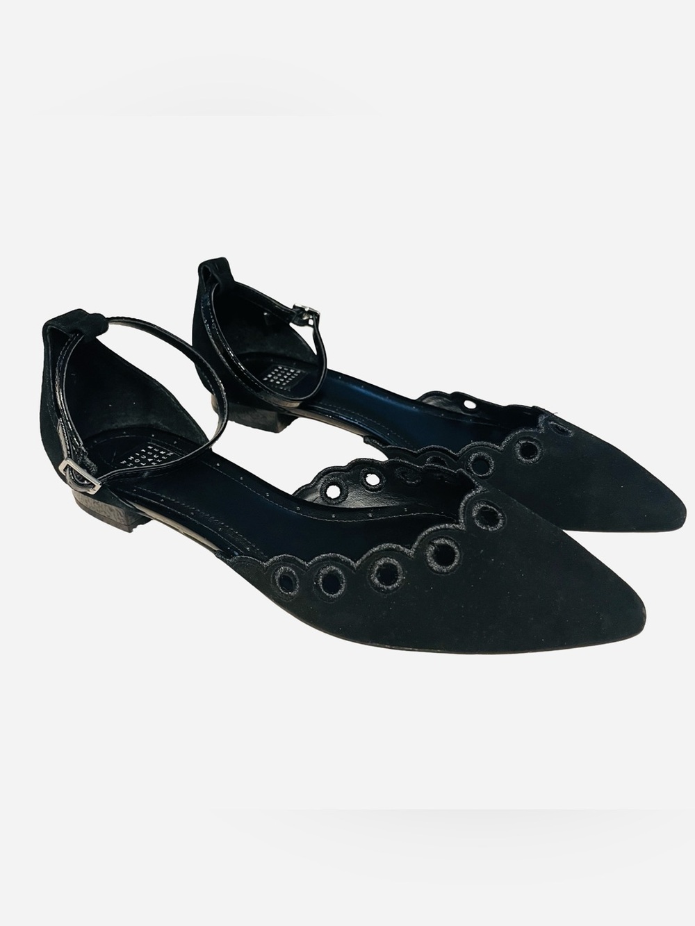 NEW White House Black Market Black Suede Sz 8.5 Scalloped Ankle Strap Flats
